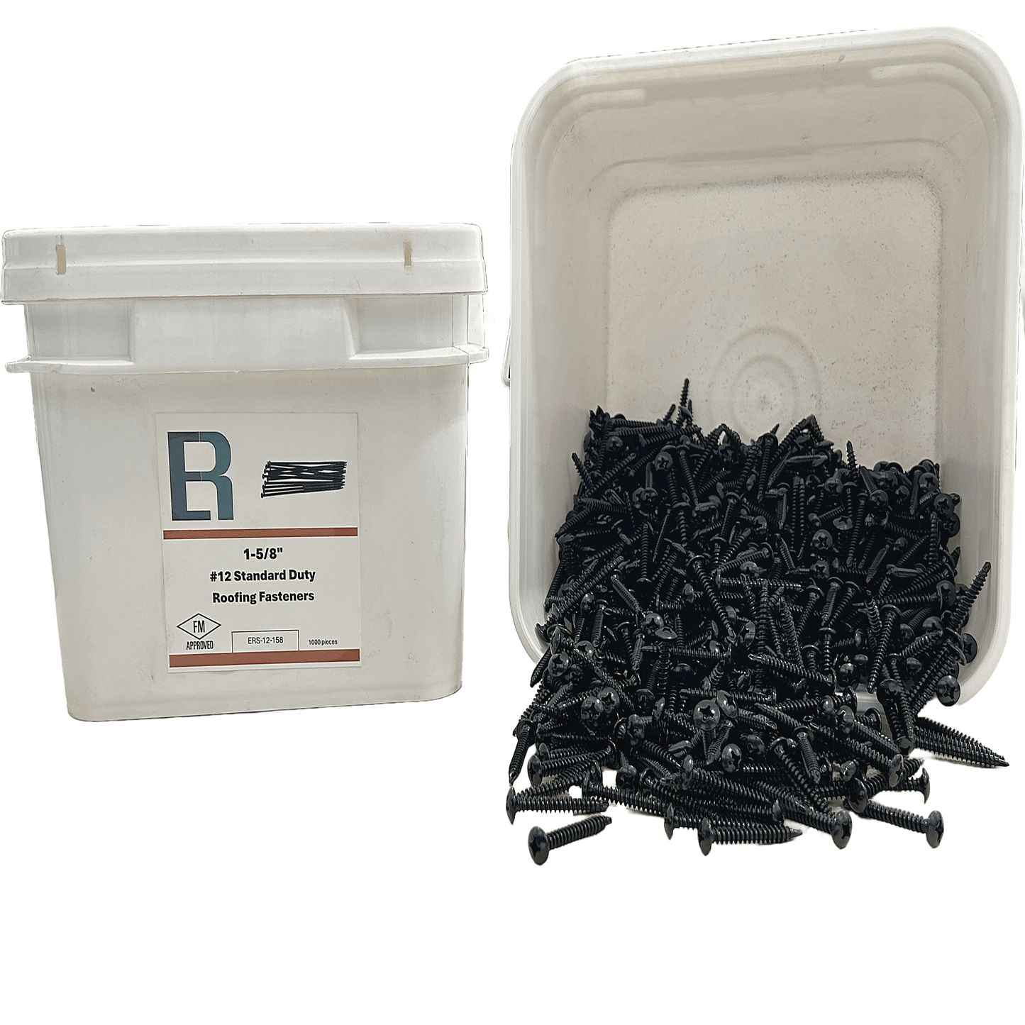 Container of #12 standard duty roofing fasteners with loose fasteners displayed.