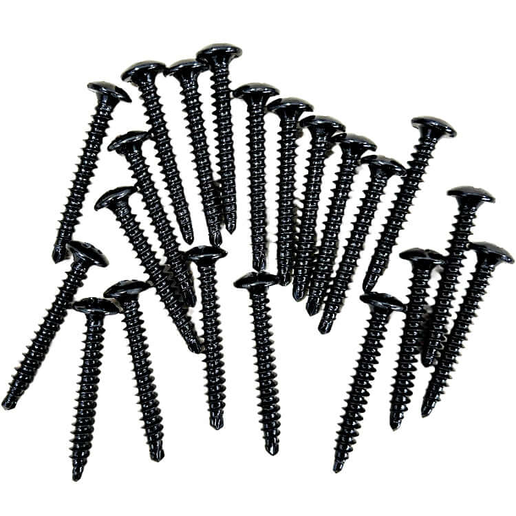 Black #12 SKINNYnSTRONG all-purpose roofing fasteners arranged in a set against a white background.