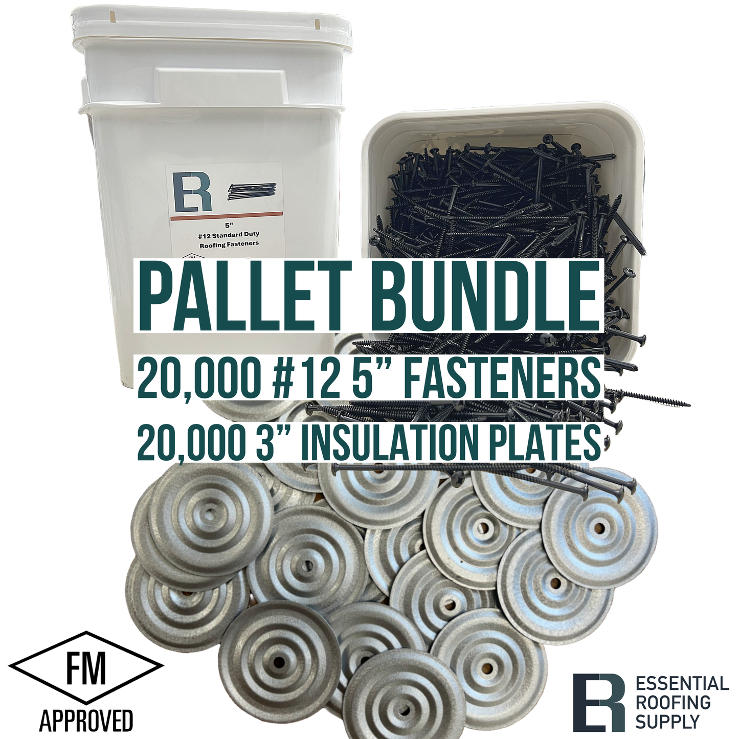 Pallet bundle of 20,000 #12 5" screws and 20,000 3" insulation plates, FM approved, displayed with packaging.