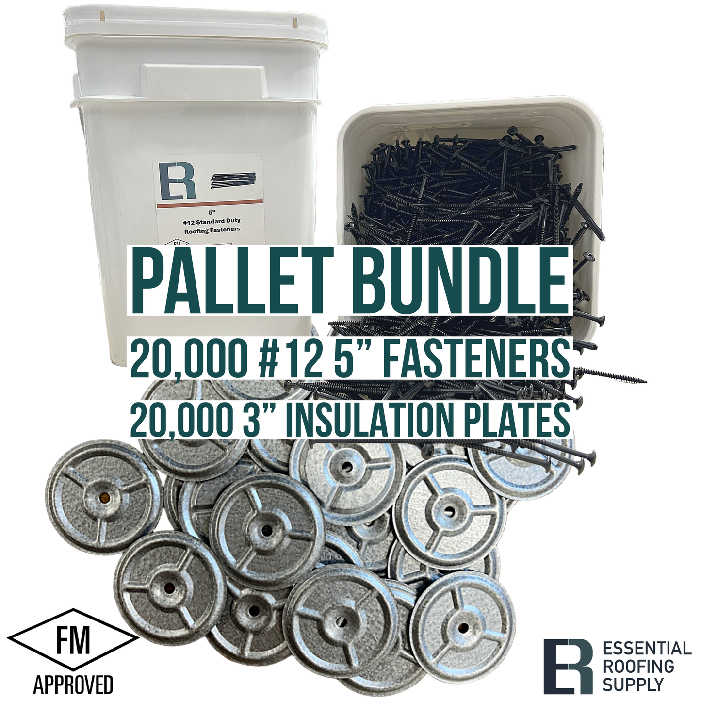 Pallet bundle of 20,000 #12 5-inch fasteners and 20,000 3-inch insulation plates by Essential Roofing Supply. FM Approved.
