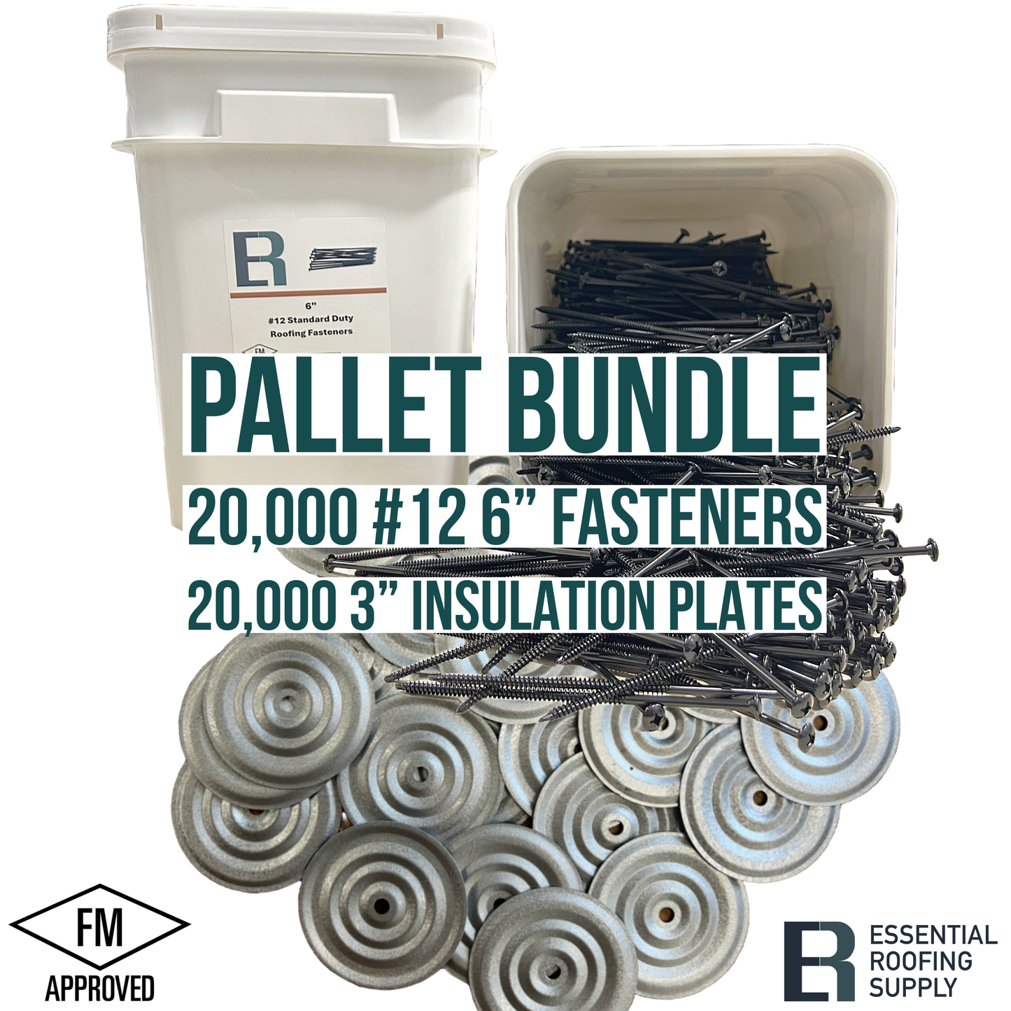 Pallet bundle of 20,000 #12 6" screws and 20,000 3" insulation plates, FM approved, from Essential Roofing Supply.
