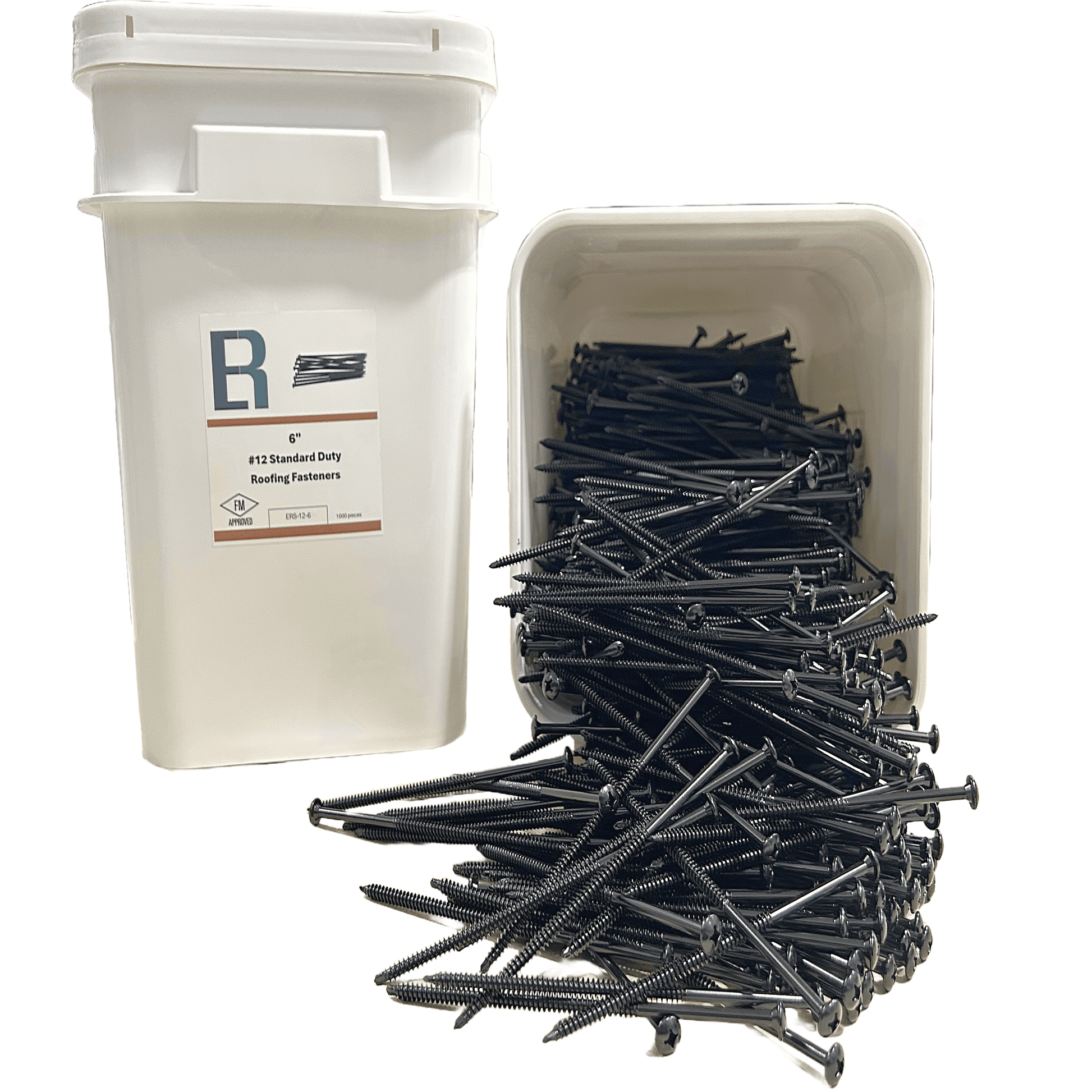 Container of Essential #12 All-Purpose Roofing Fasteners with scattered screws, FM APPROVED product for roofing needs.