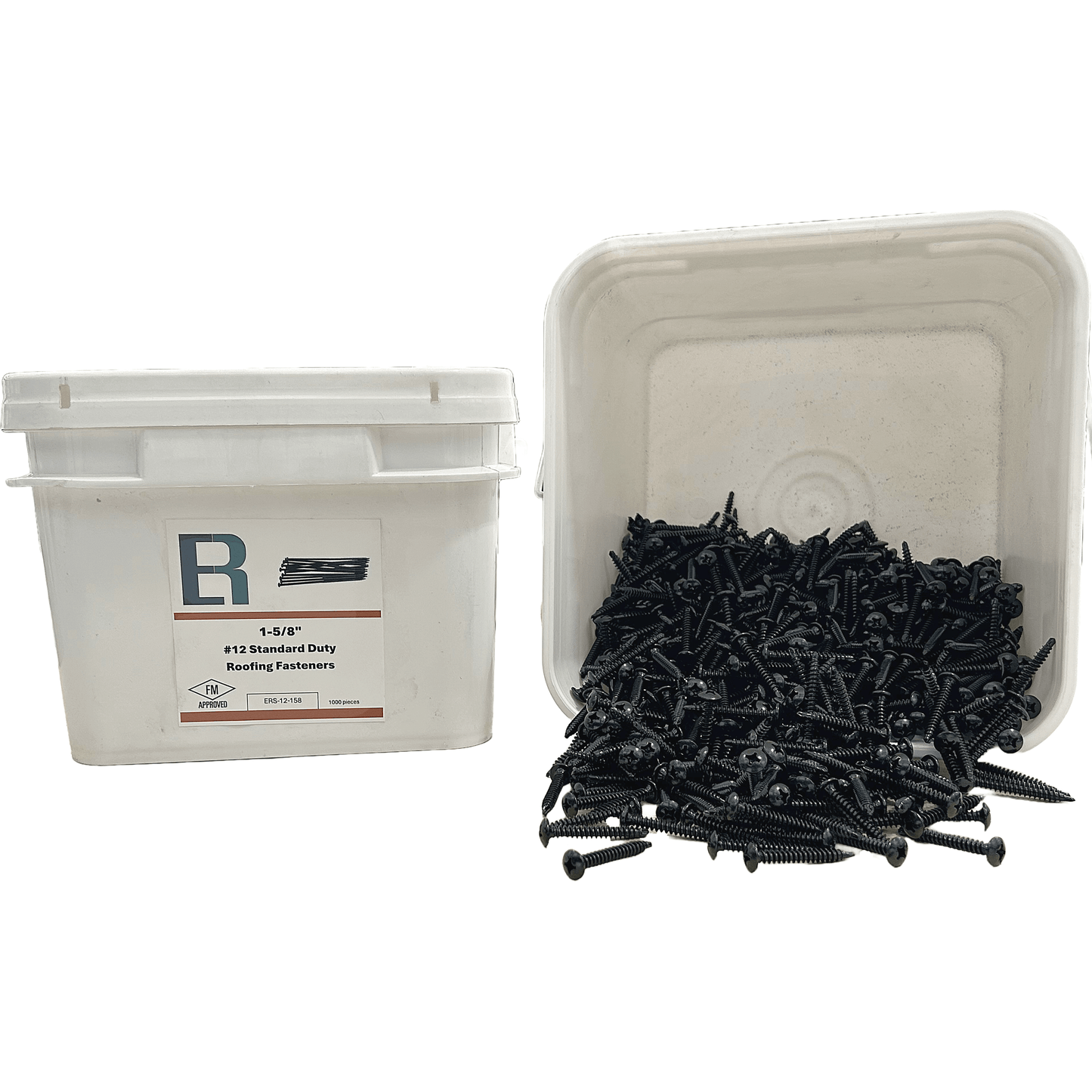 Container and pile of Essential #12 All-Purpose Roofing Fasteners, FM Approved, with product data sheet.