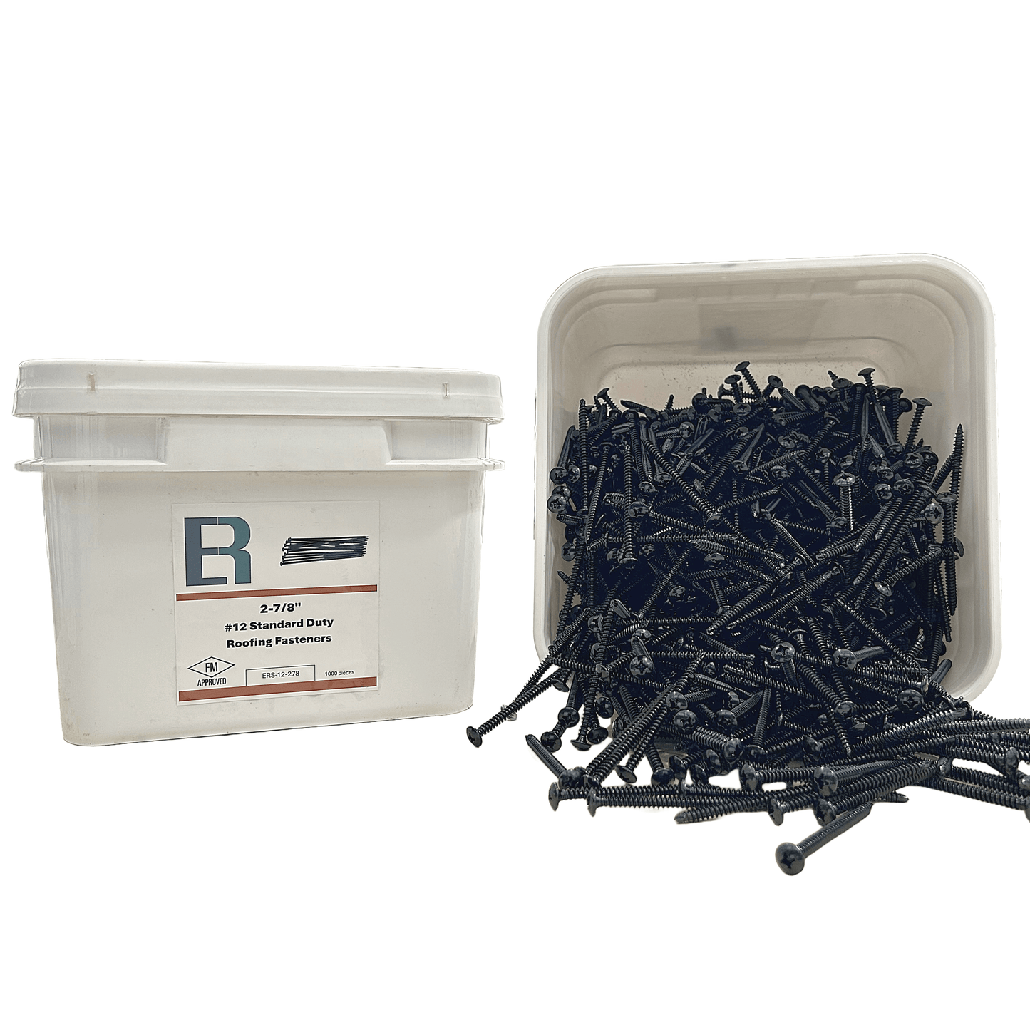 FM Approved #12 All-Purpose Roofing Fasteners in a white container, scattered on table for roofing projects.