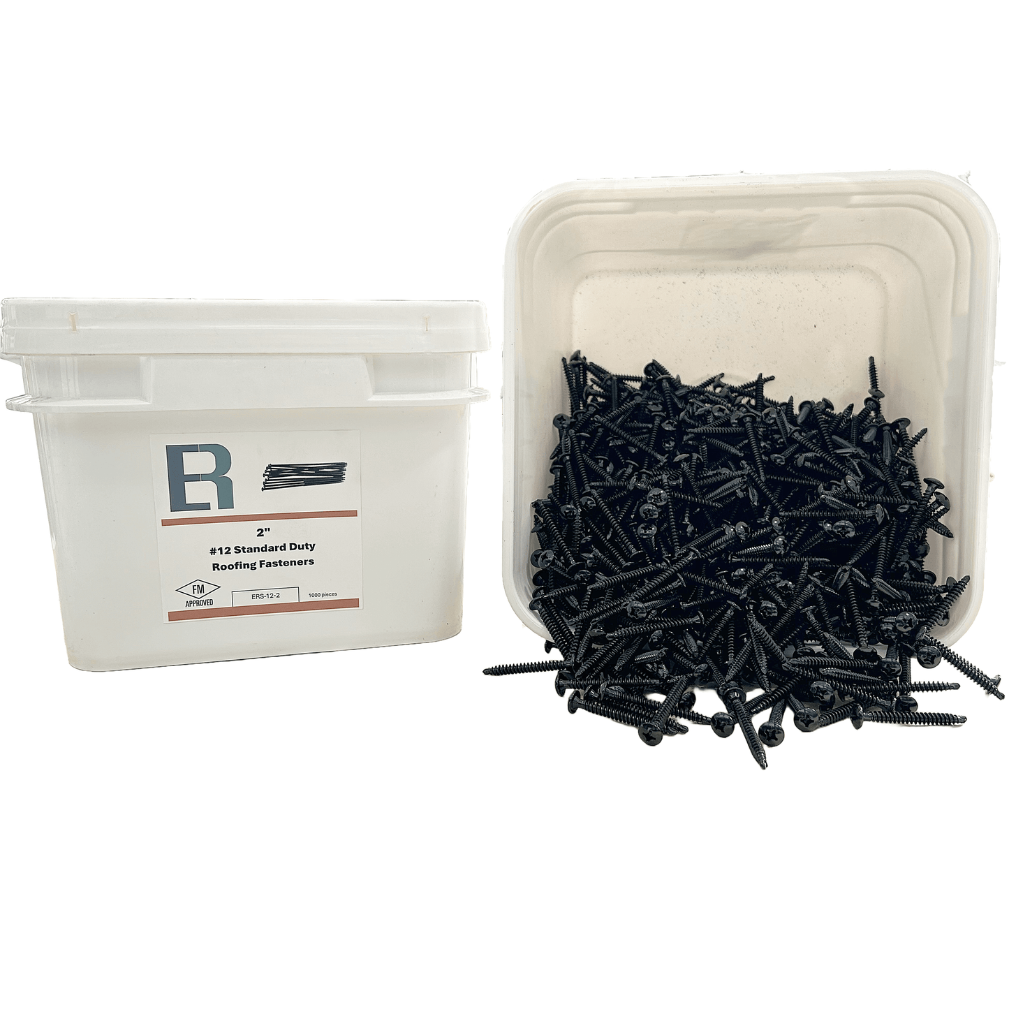 Essential #12 All-Purpose Roofing Fasteners in a container, FM Approved, ideal for versatile roofing applications.