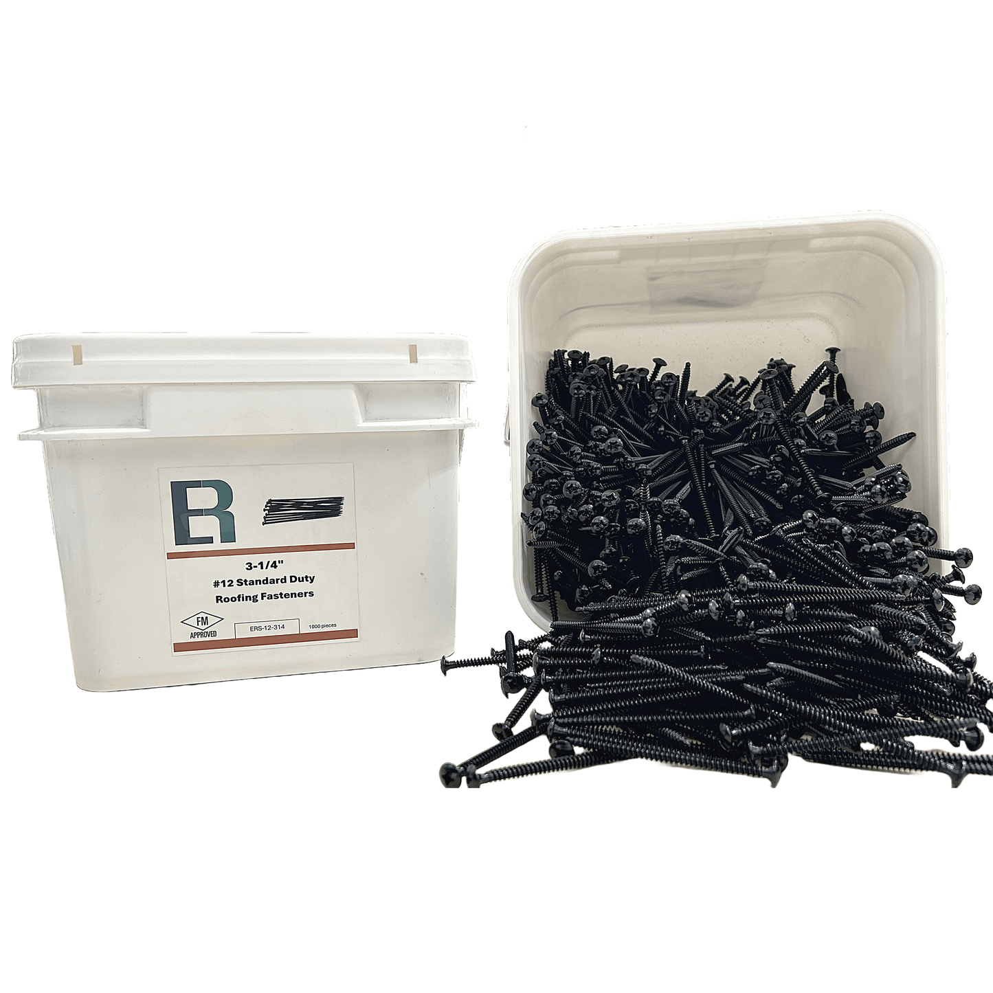 Essential #12 All-Purpose Roofing Fastener pack with screws, FM approved, displayed in a white container.