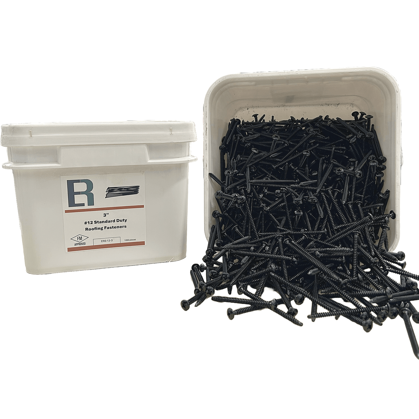 Pack of Essential #12 All-Purpose Roofing Fasteners in open container, FM Approved, ideal for versatile roofing applications.