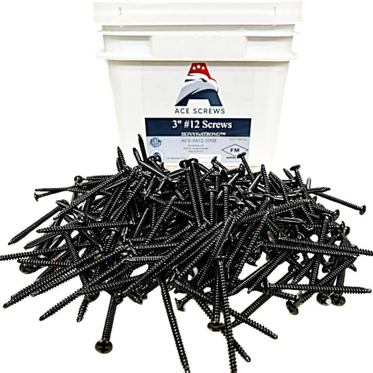 Bucket of #12 SKINNYnSTRONG Ace Screws with a pile of black all-purpose roofing fasteners.