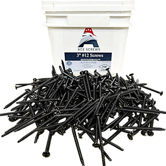 Bucket of #12 SKINNYnSTRONG Ace Screws with a pile of black all-purpose roofing fasteners.