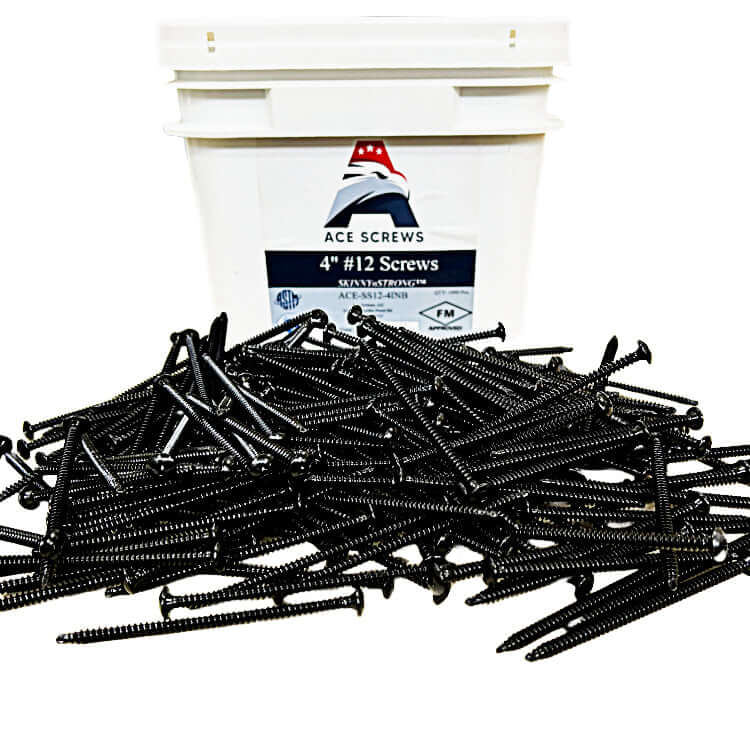 #12 SKINNYnSTRONG all-purpose roofing fasteners in a pile in front of an Ace Screws bucket.