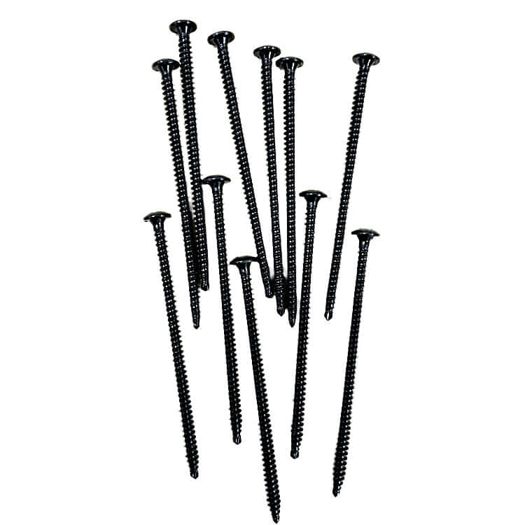 Black #12 SKINNYnSTRONG all-purpose roofing fasteners shown in a group against a white background.