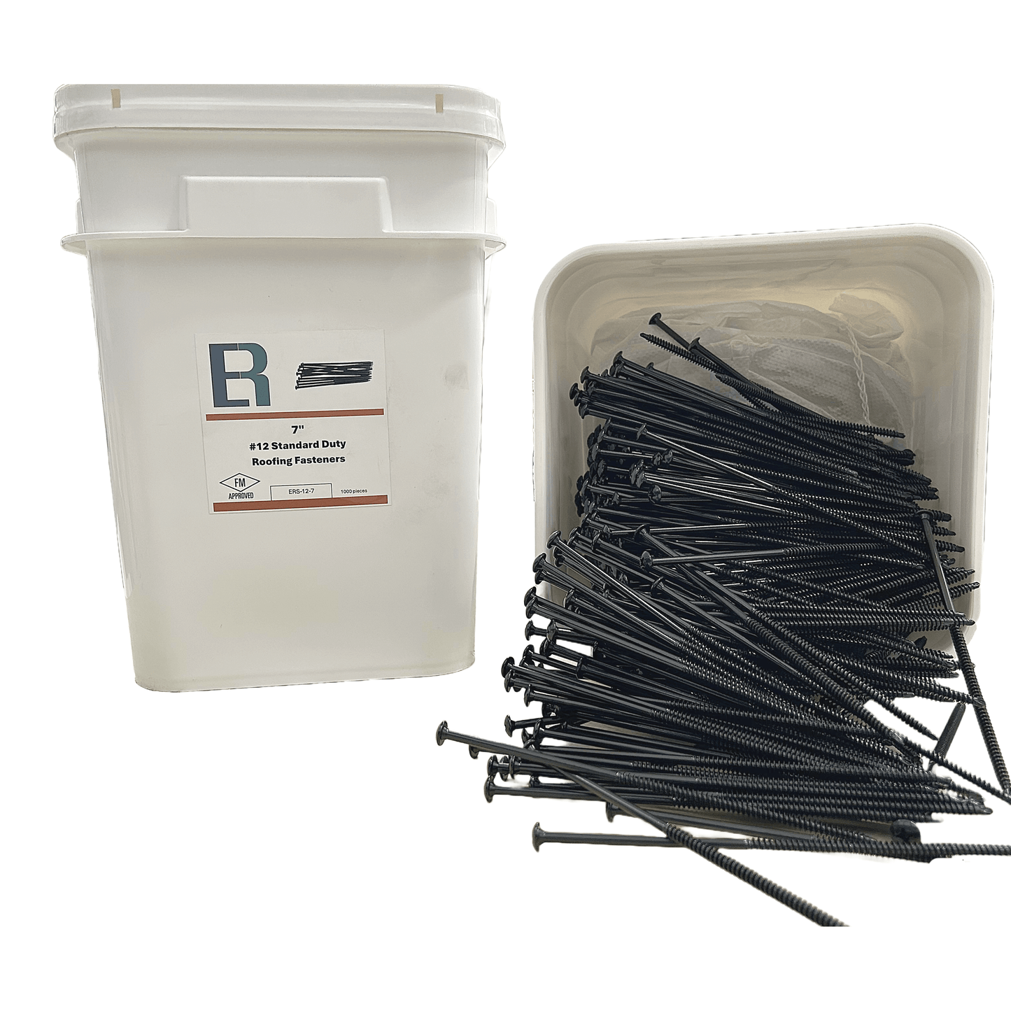 Container of Essential #12 All-Purpose Roofing Fasteners with screws spilling out, FM Approved for versatile roofing projects.