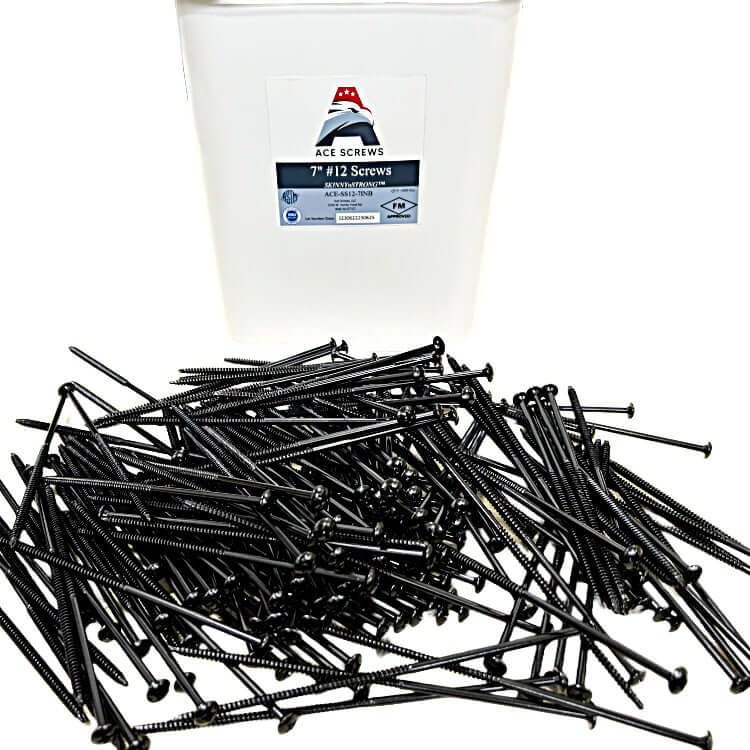 #12 SKINNYnSTRONG all-purpose roofing fasteners from Ace Screws with FM approval displayed in front of a white bucket.