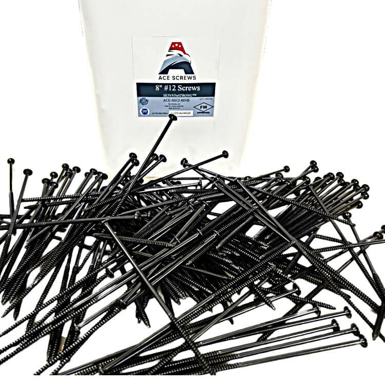 Pile of Ace Screws #12 SKINNYnSTRONG All-Purpose Roofing Fasteners FM Approved with white packaging in the background.