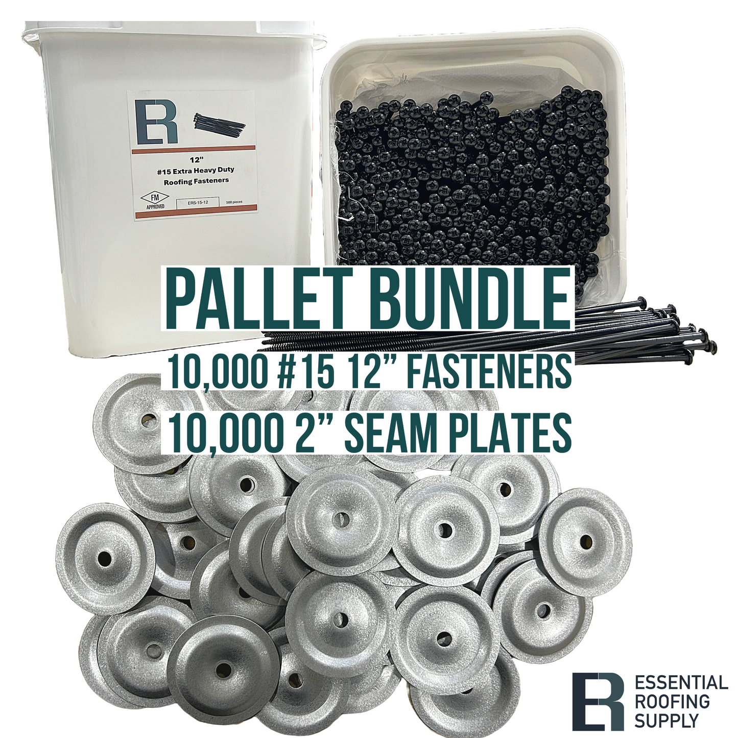 Pallet bundle with 10,000 12" #15 fasteners and 10,000 2" seam plates for roofing, including FM approved, corrosion-tested materials.