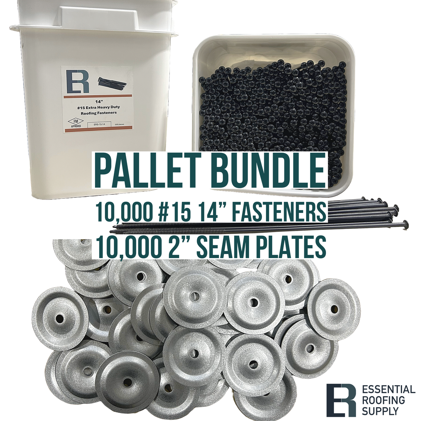 Pallet bundle with 10,000 14" #15 fasteners and 10,000 2" seam plates, FM approved, for heavy-duty construction and roofing.