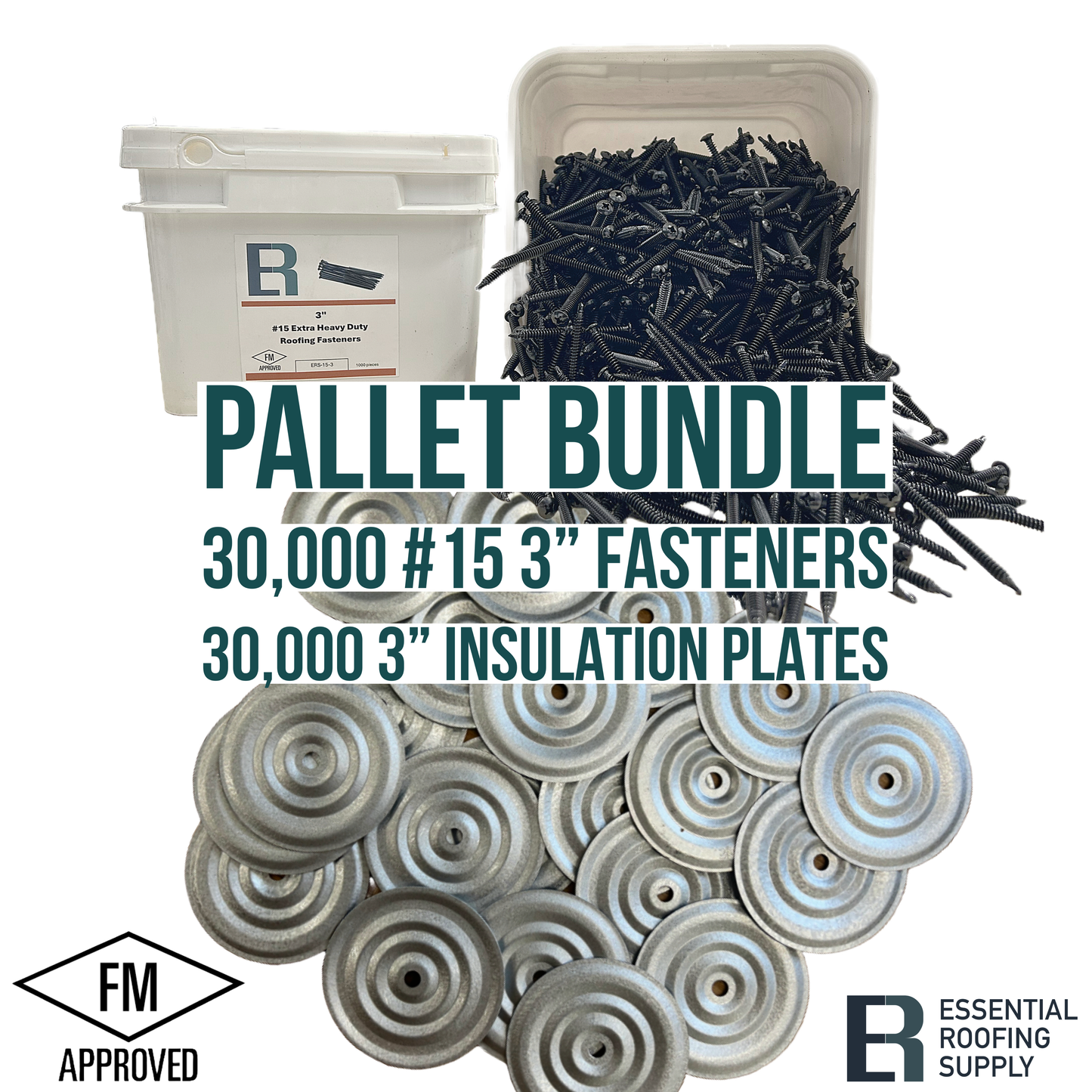 Pallet bundle with 30,000 3" #15 FM Approved fasteners and 30,000 3" BE insulation plates from Essential Roofing Supply.