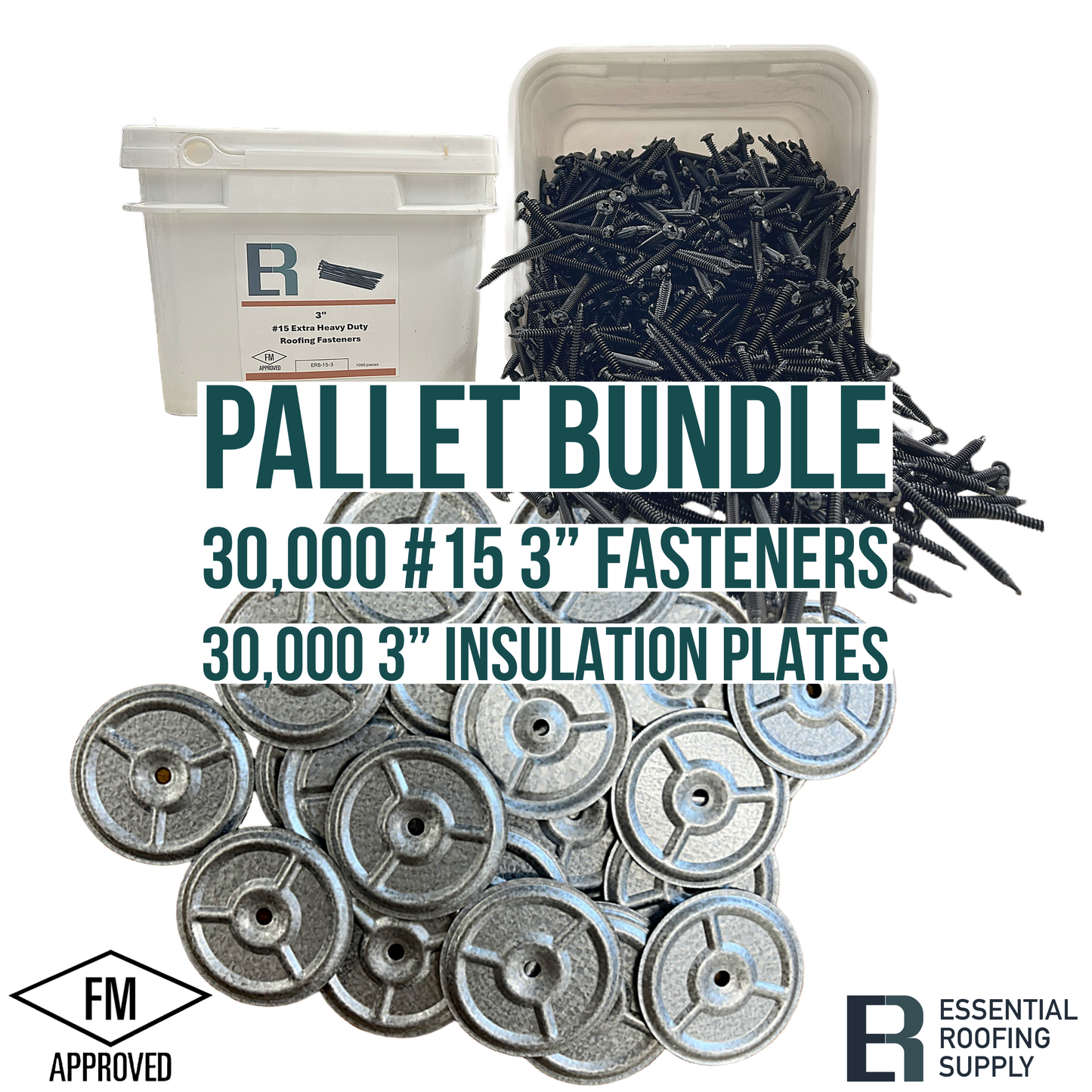 Pallet bundle with 30,000 #15 3" screws and 30,000 3" insulation plates, FM approved from Essential Roofing Supply.