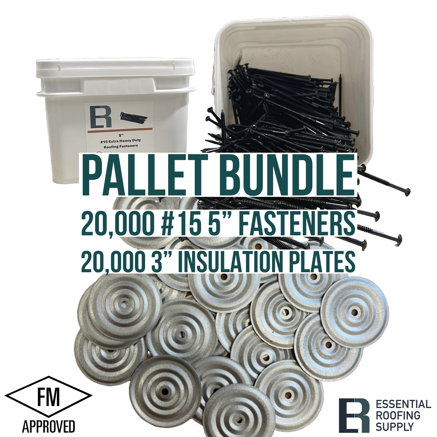 Pallet bundle of FM Approved 5" #15 fasteners and 3" insulation plates, essential roofing supply, 20,000 each, with packaging.
