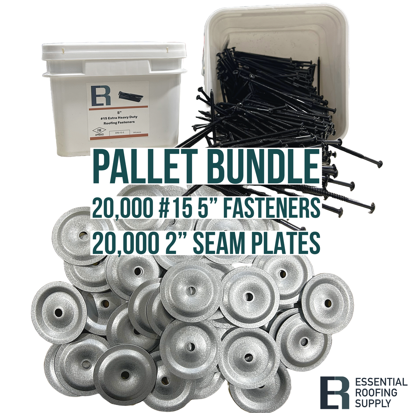 Pallet bundle with 20,000 #15 5-inch fasteners and 20,000 2-inch seam plates