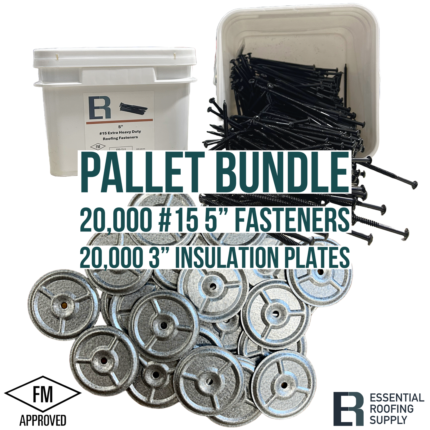 Pallet bundle with 20,000 #15 5" screws and 20,000 3" insulation plates, FM approved, for roofing supplies.