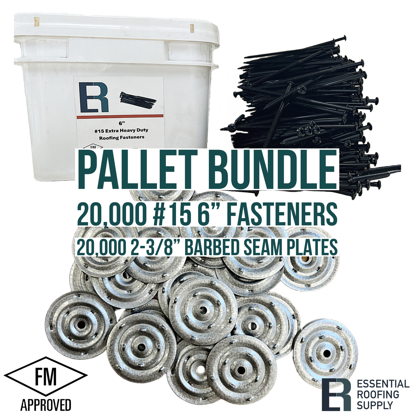 Pallet bundle of 20,000 #15 6" screws and 20,000 2-3/8" barbed seam plates, FM approved, Essential Roofing Supply.