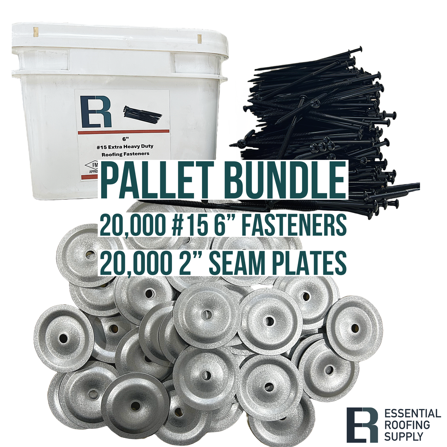 Pallet bundle of 20,000 6" #15 heavy-duty fasteners and 20,000 2" seam plates for roofing, displayed with packaging.