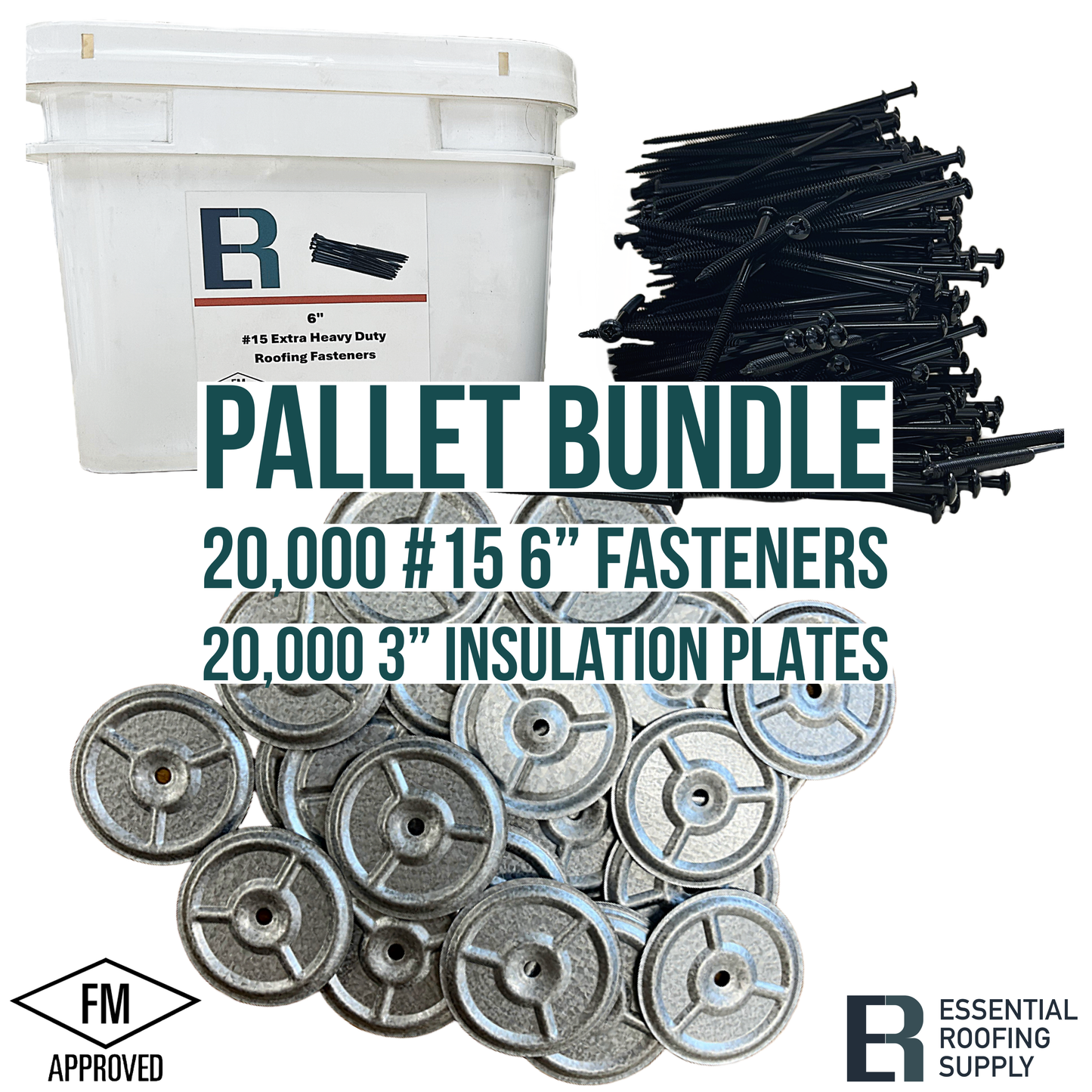 Pallet bundle of 20,000 #15 6" fasteners and 20,000 3" insulation plates, FM approved, Essential Roofing Supply.