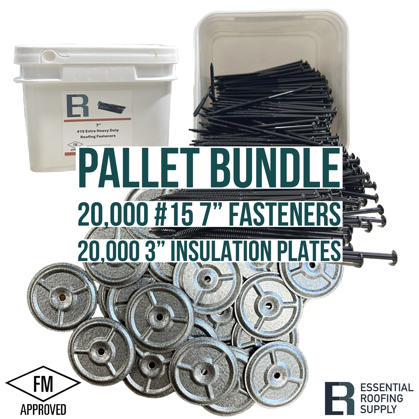 Pallet bundle with 20,000 #15 7" screws and 20,000 3" insulation plates, FM approved, for roofing and construction.