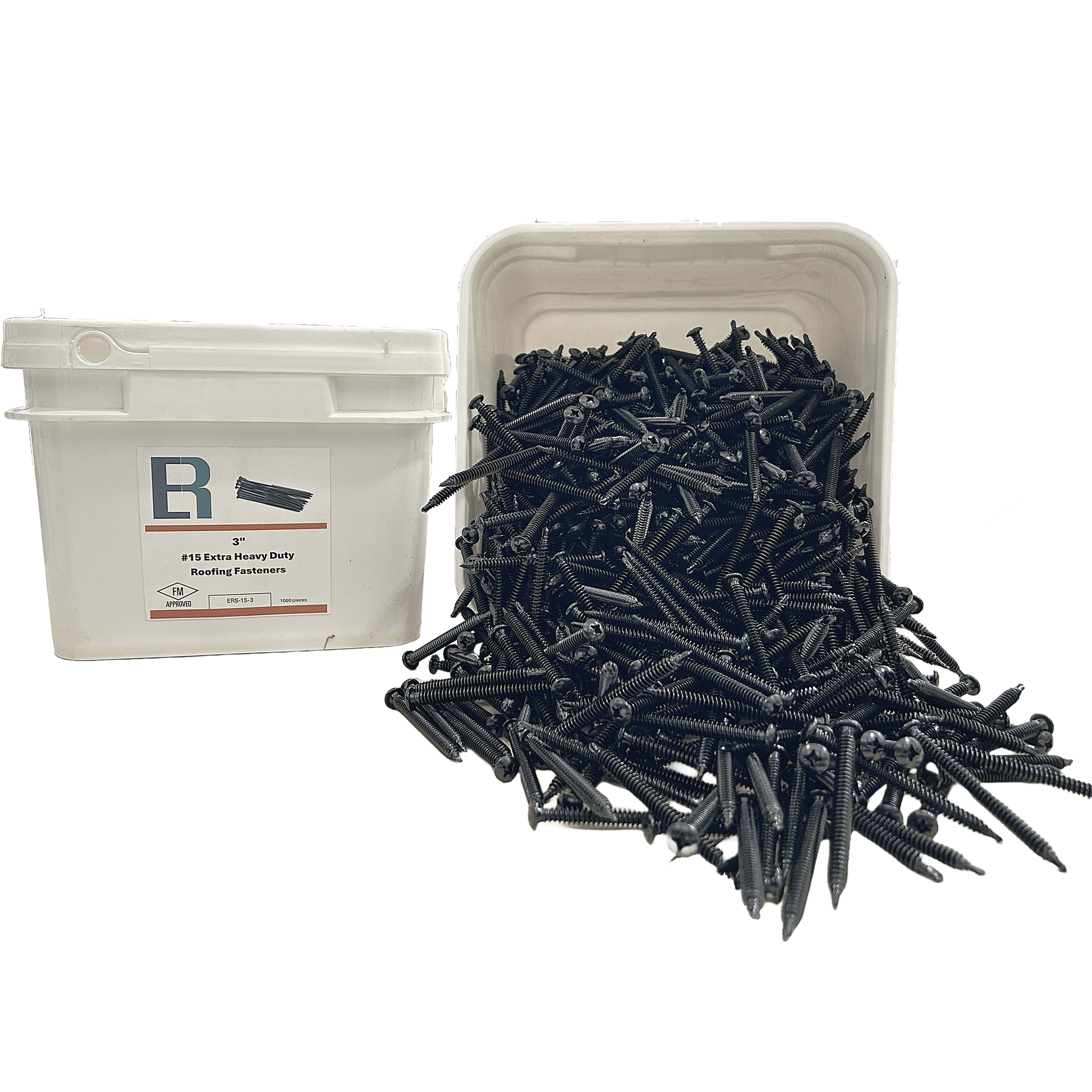 Essential #15 Extra Heavy Duty Roofing Fastener with FM Approval, shown in bulk with labeled container.