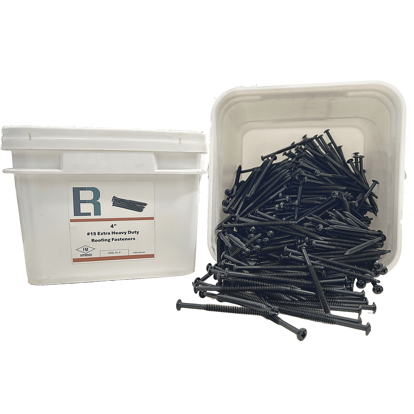 Essential #15 Extra Heavy Duty Roofing Fasteners in container, FM Approved screws for robust and reliable roofing applications.