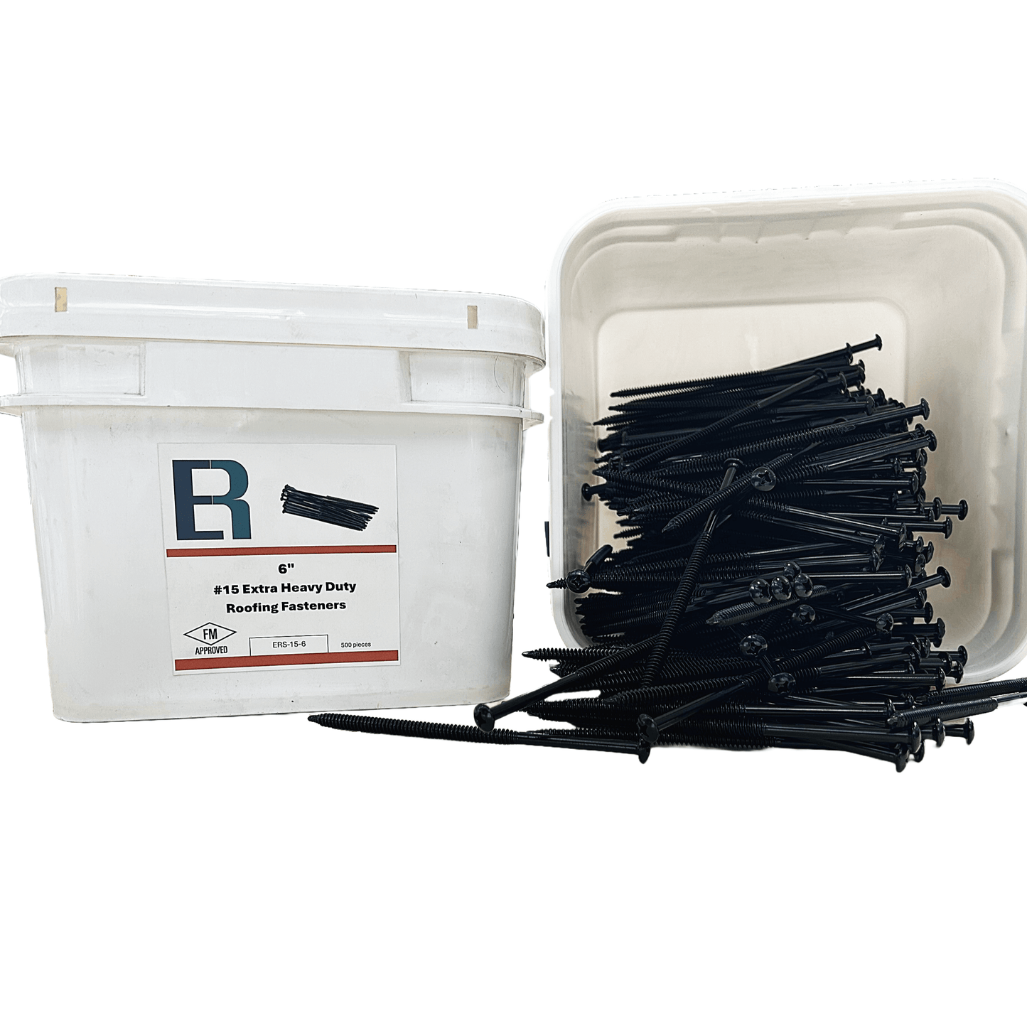 Essential #15 Extra Heavy Duty Roofing Fasteners in a white container, FM Approved, with fasteners displayed outside.