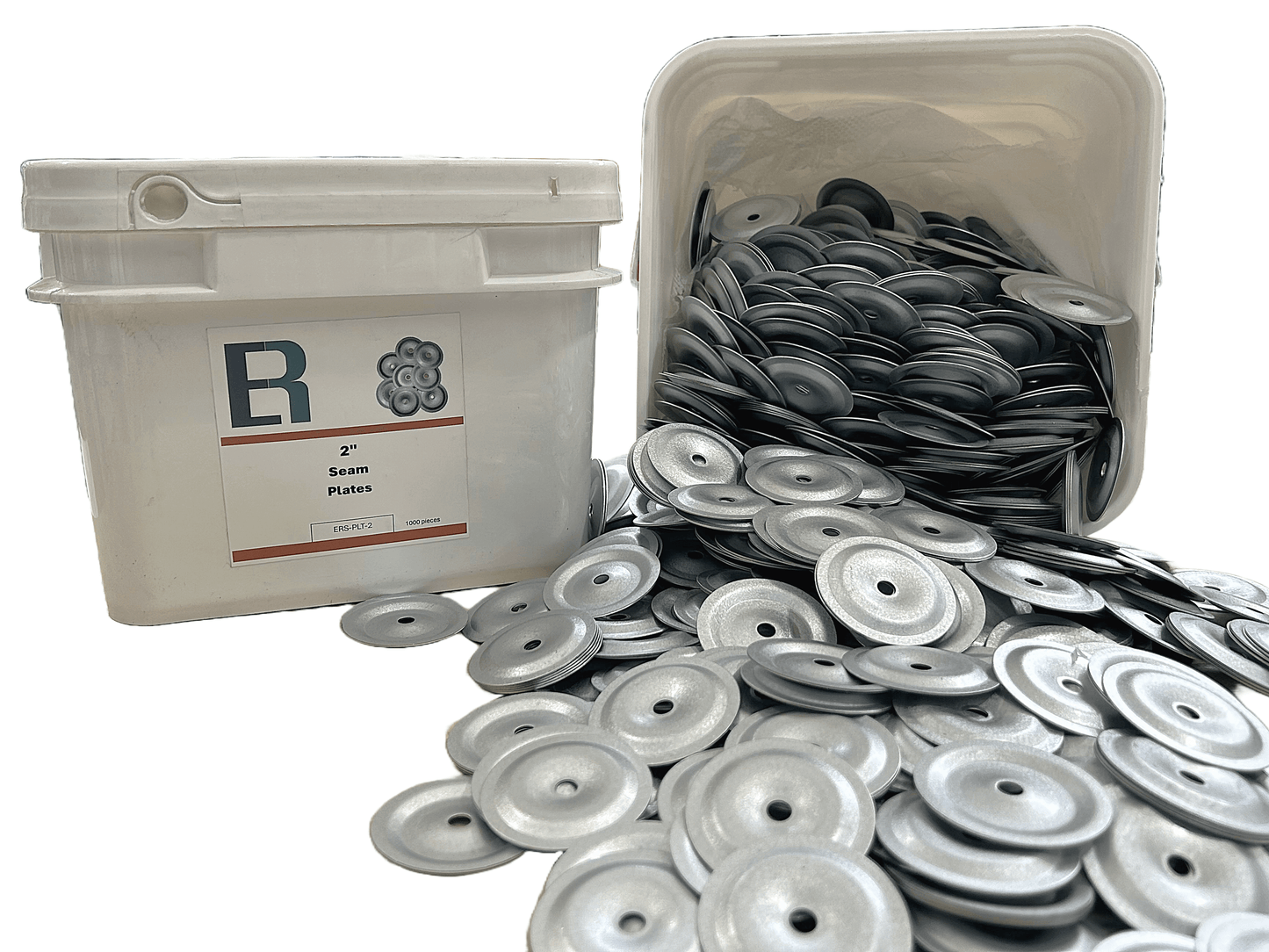 2" metal seam plates spilling from a container, showcasing durable non-barbed design, tested for corrosion resistance.