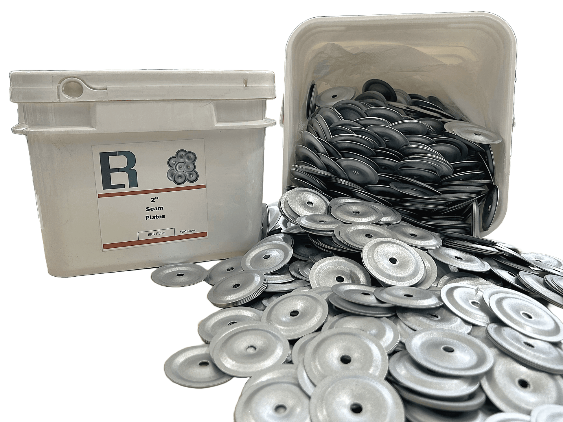 2" metal seam plates spilling from a container, showcasing durable non-barbed design, tested for corrosion resistance.