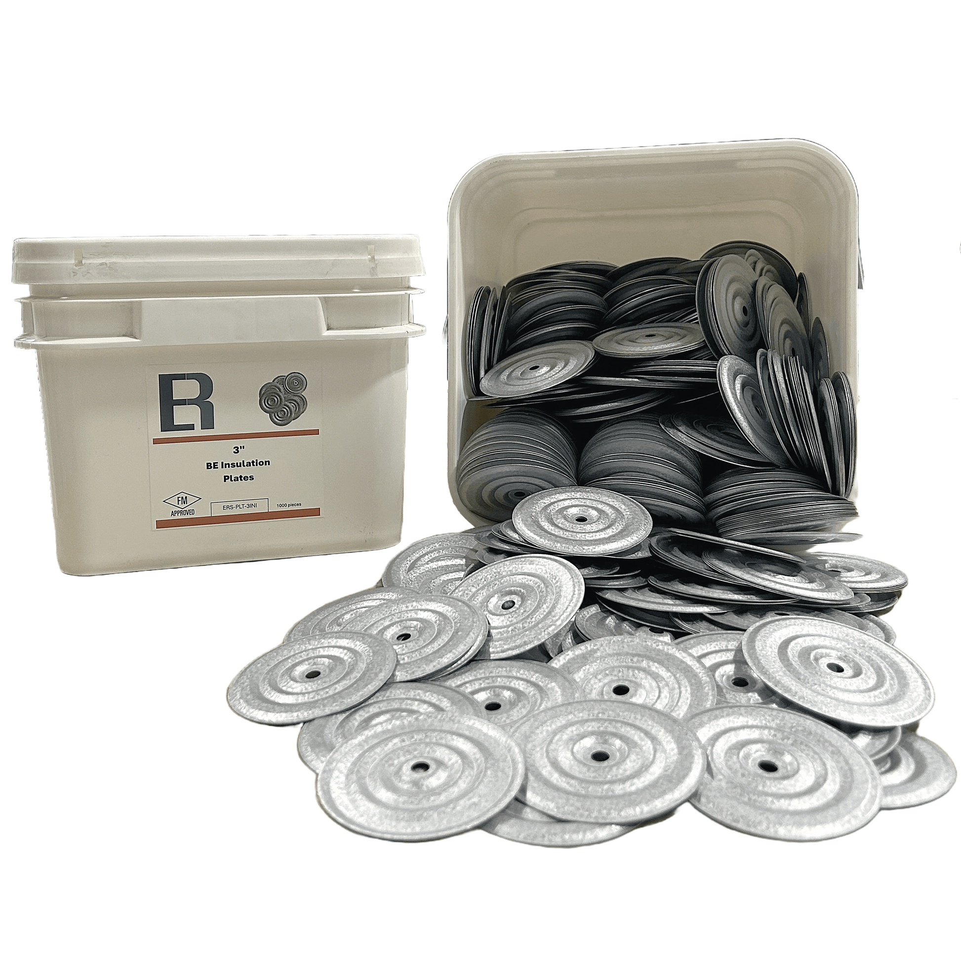 Container of Essential Plates 3" Metal Insulation Plates spilling onto surface, showcasing FM approved product packaging.
