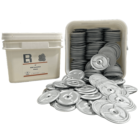 Essential Plates 3" Metal Insulation Plates with FM Approved packaging, featuring durable construction for insulation needs.
