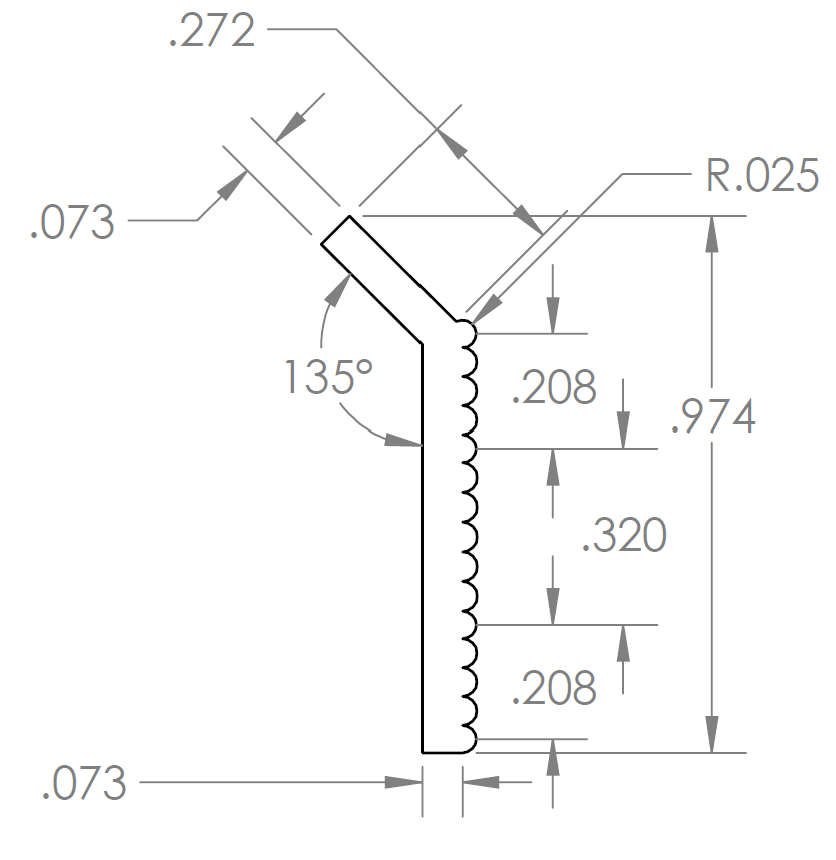 Technical diagram of essential termination bar showing dimensions and angles for 6063-T6 aluminum profile.