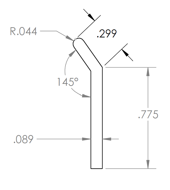 Technical diagram of essential termination bar showing dimensions and angles for 6063-T6 aluminum profile.