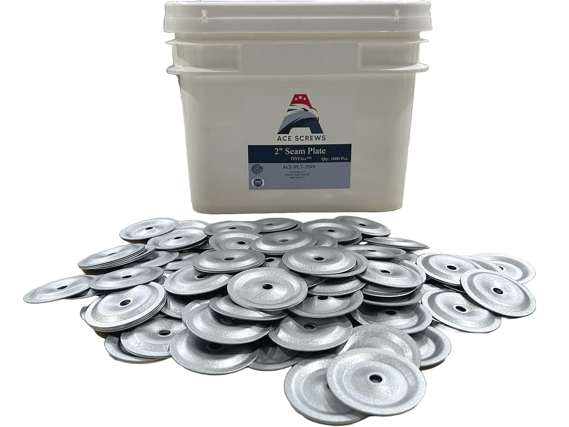 2" FlatASS Metal Seam Plates by Ace Screws, high-performance non-barbed plates with corrosion resistance, shown in front of a product bucket.