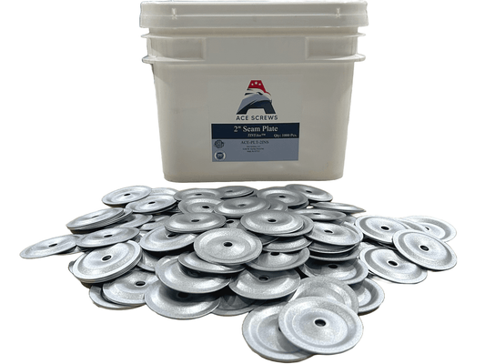 2" FlatASS Metal Seam Plates by Ace Screws, high-performance non-barbed plates with corrosion resistance, shown in front of a product bucket.