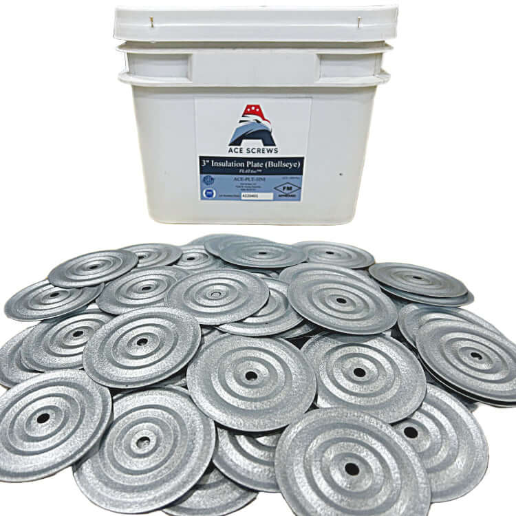3-inch FlatASS Metal Insulation Plates by Ace Screws with bucket, FM Approved, superior performance, free shipping.