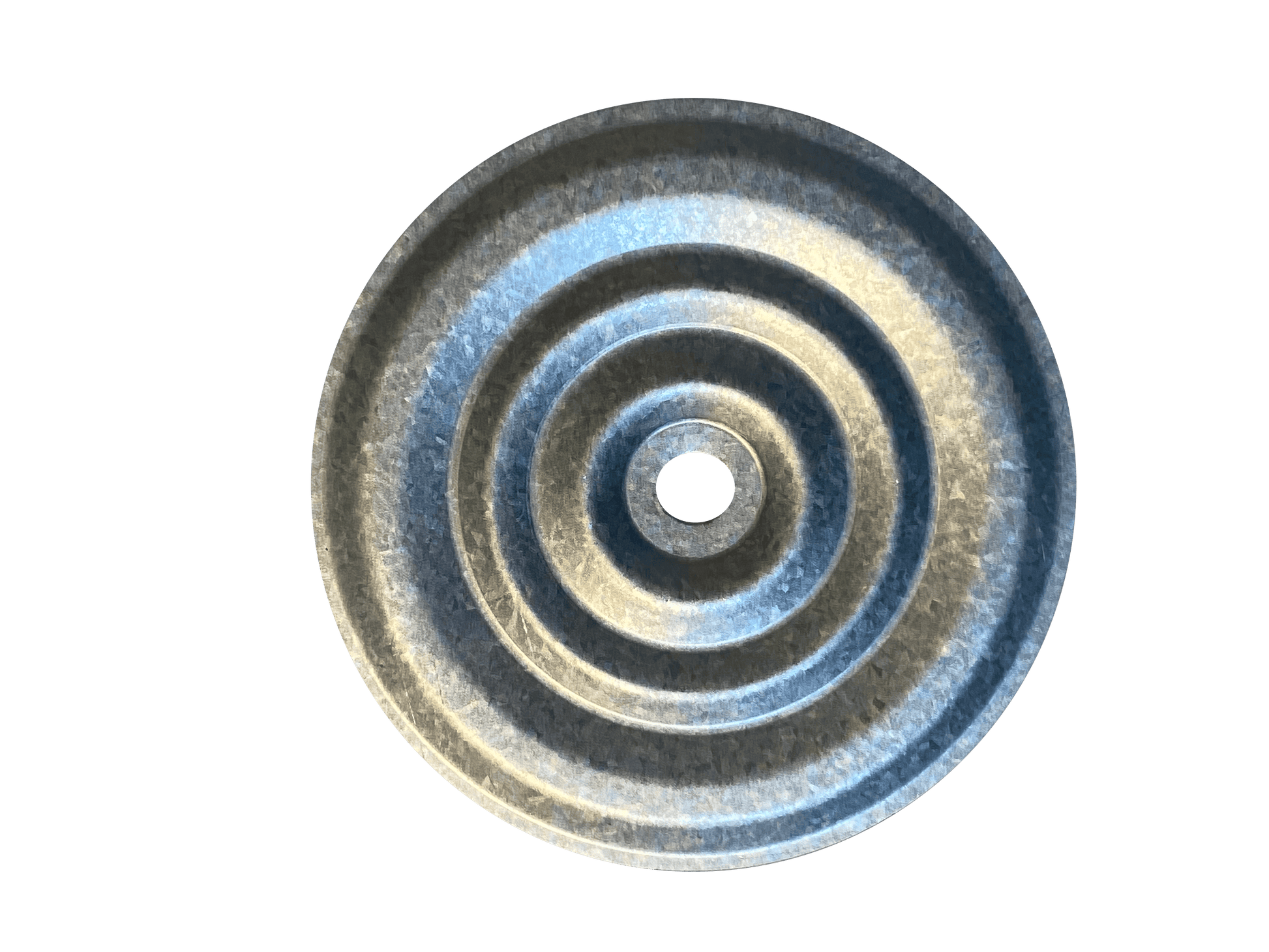 3" metal insulation plate with concentric circles design, FM approved for secure insulation installation.