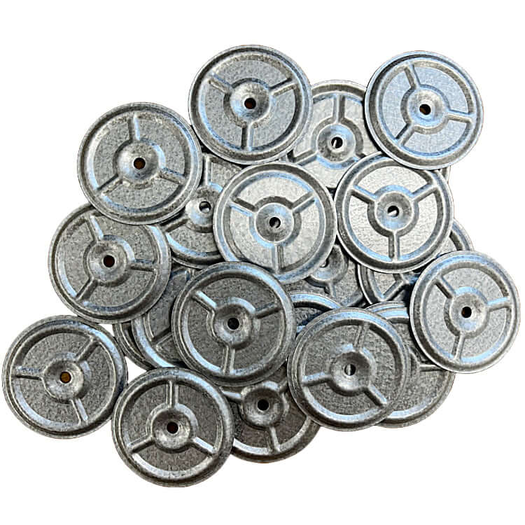 Stack of 3" FlatASS Metal Insulation Plates by Ace Screws, FM Approved, offering superior performance and free shipping.