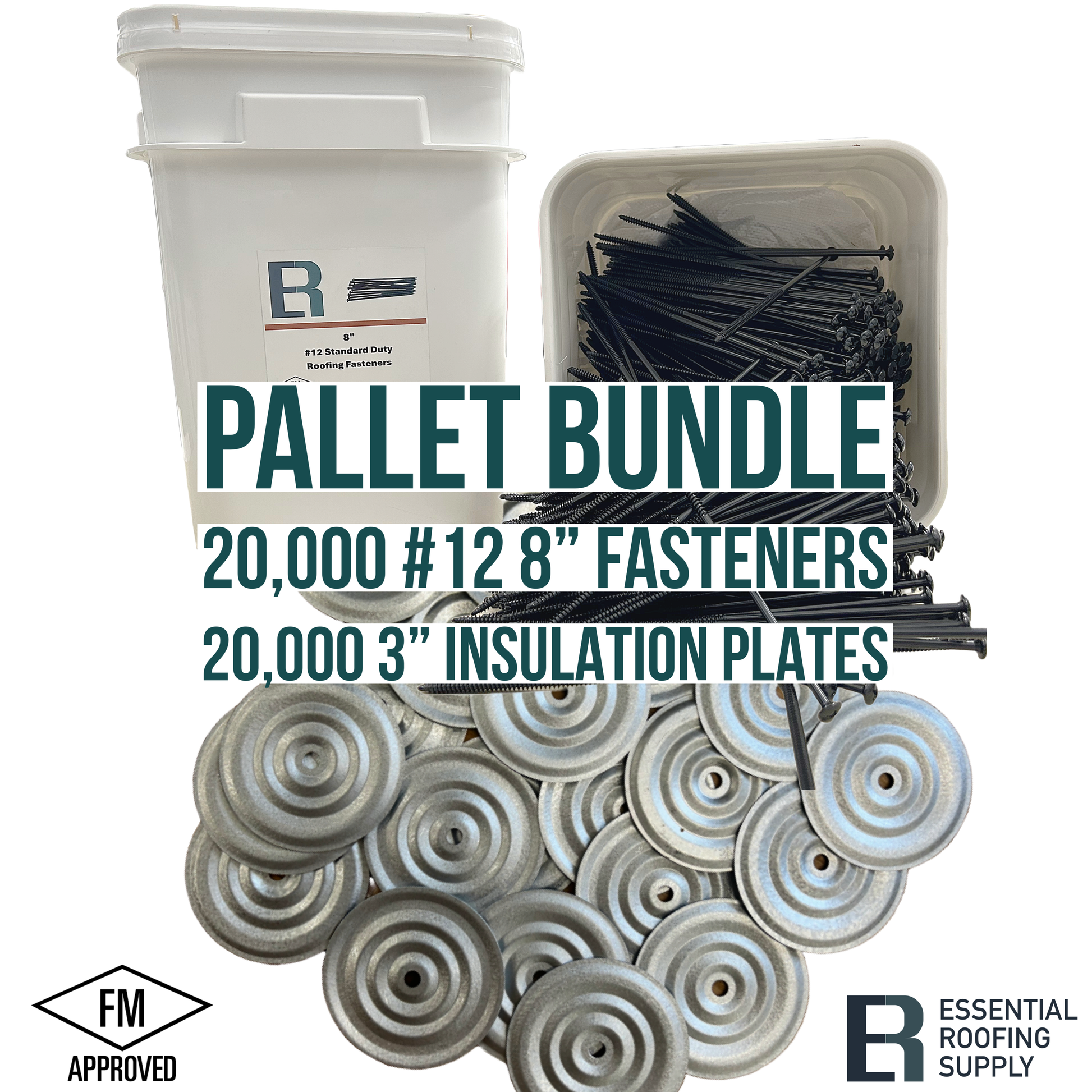 Pallet bundle with 20,000 8" #12 fasteners and 20,000 3" insulation plates, FM Approved, from Essential Roofing Supply.