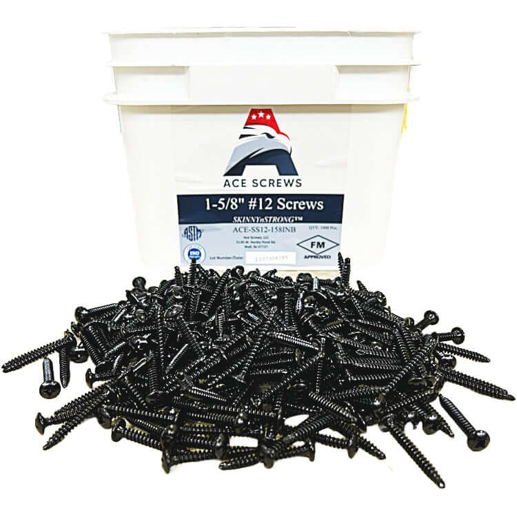 Black #12 SKINNYnSTRONG all-purpose roofing screws in front of Ace Screws branded container.