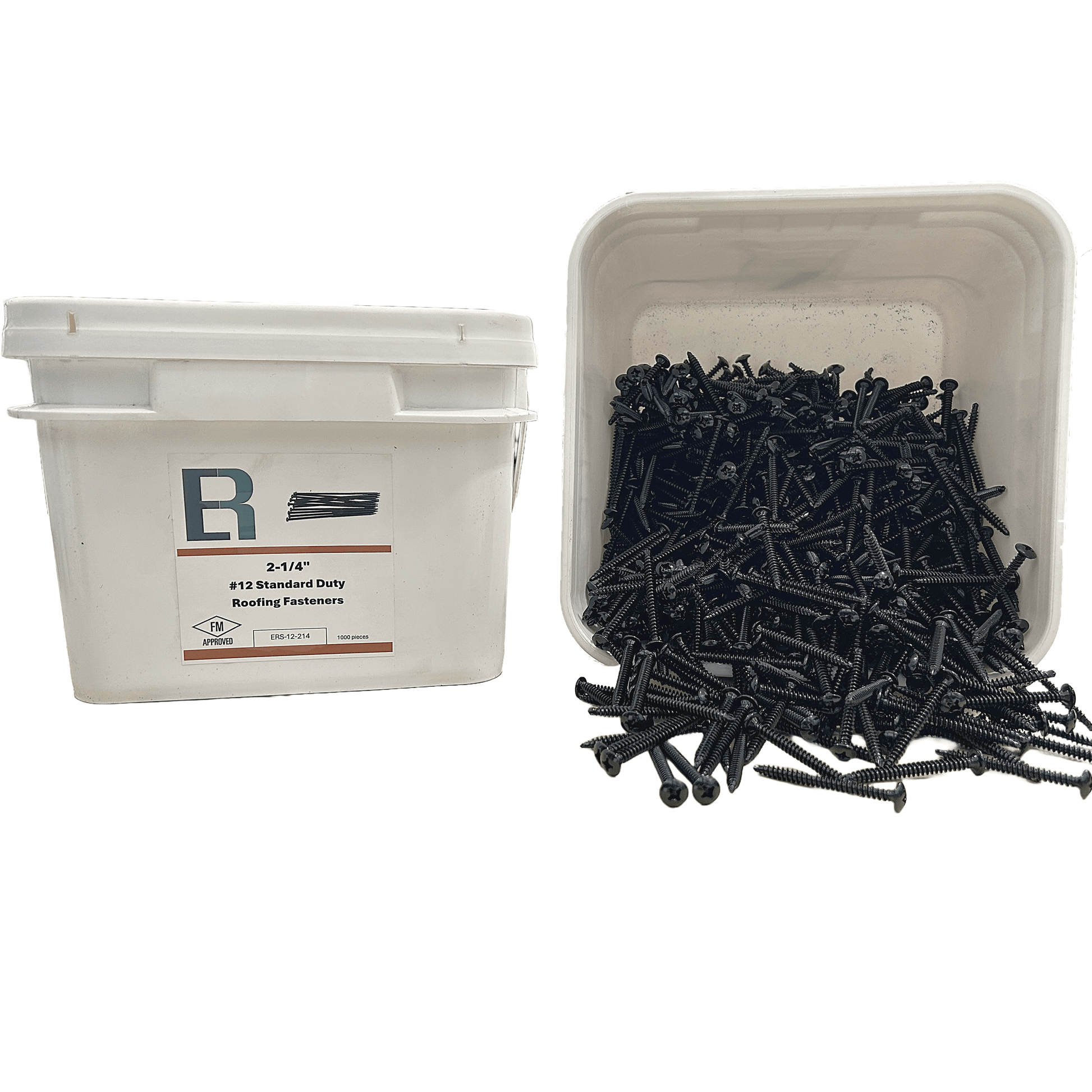 Bucket of Essential #12 All-Purpose Roofing Fasteners FM Approved with scattered fasteners showing specifications on label.