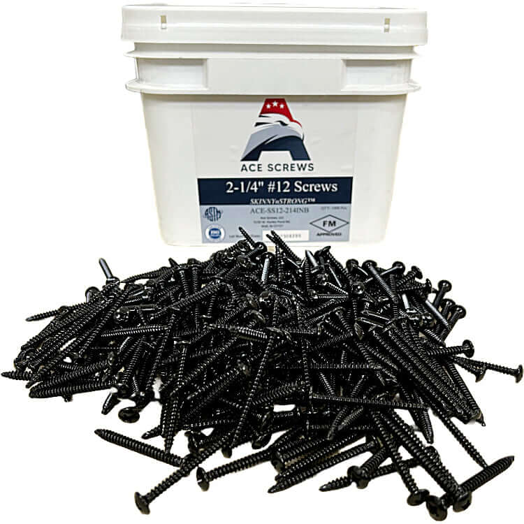 #12 SKINNYnSTRONG All-Purpose Fasteners by Ace Screws in front of packaging, FM Approved for roofing with free shipping offer