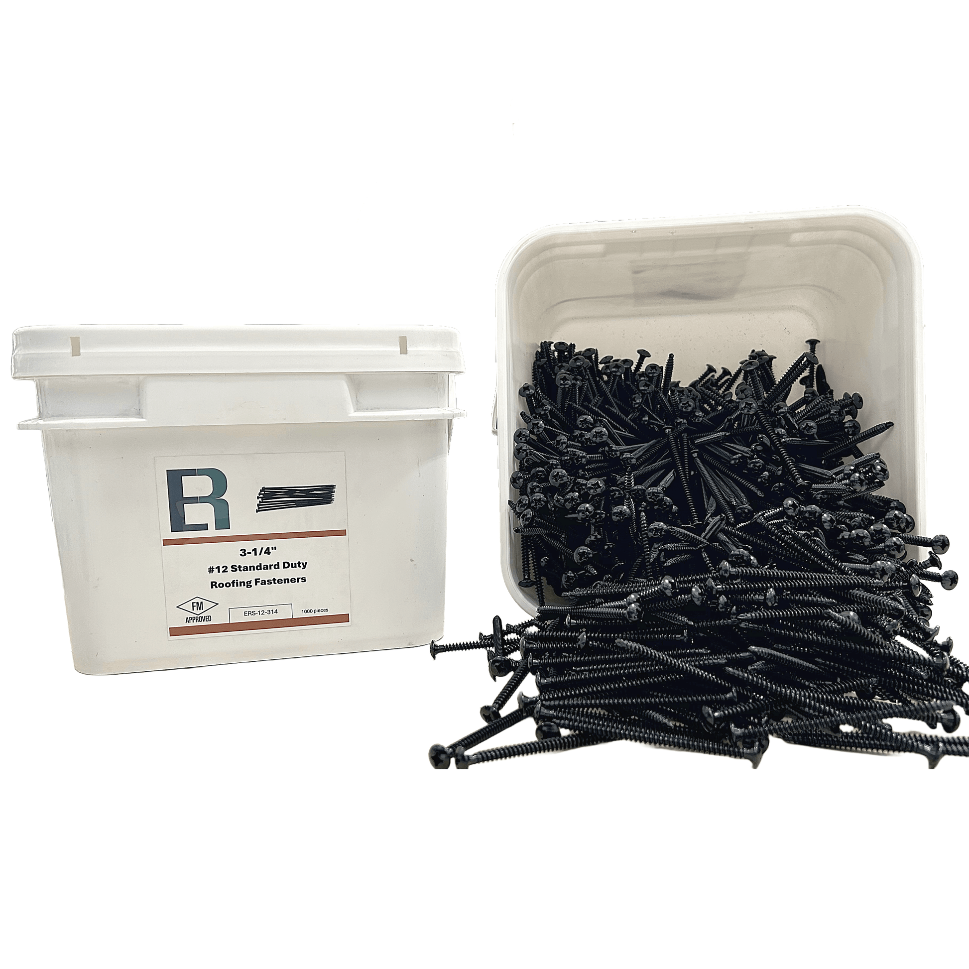 Essential #12 All-Purpose Roofing Fastener pack with screws, FM approved, displayed in a white container.