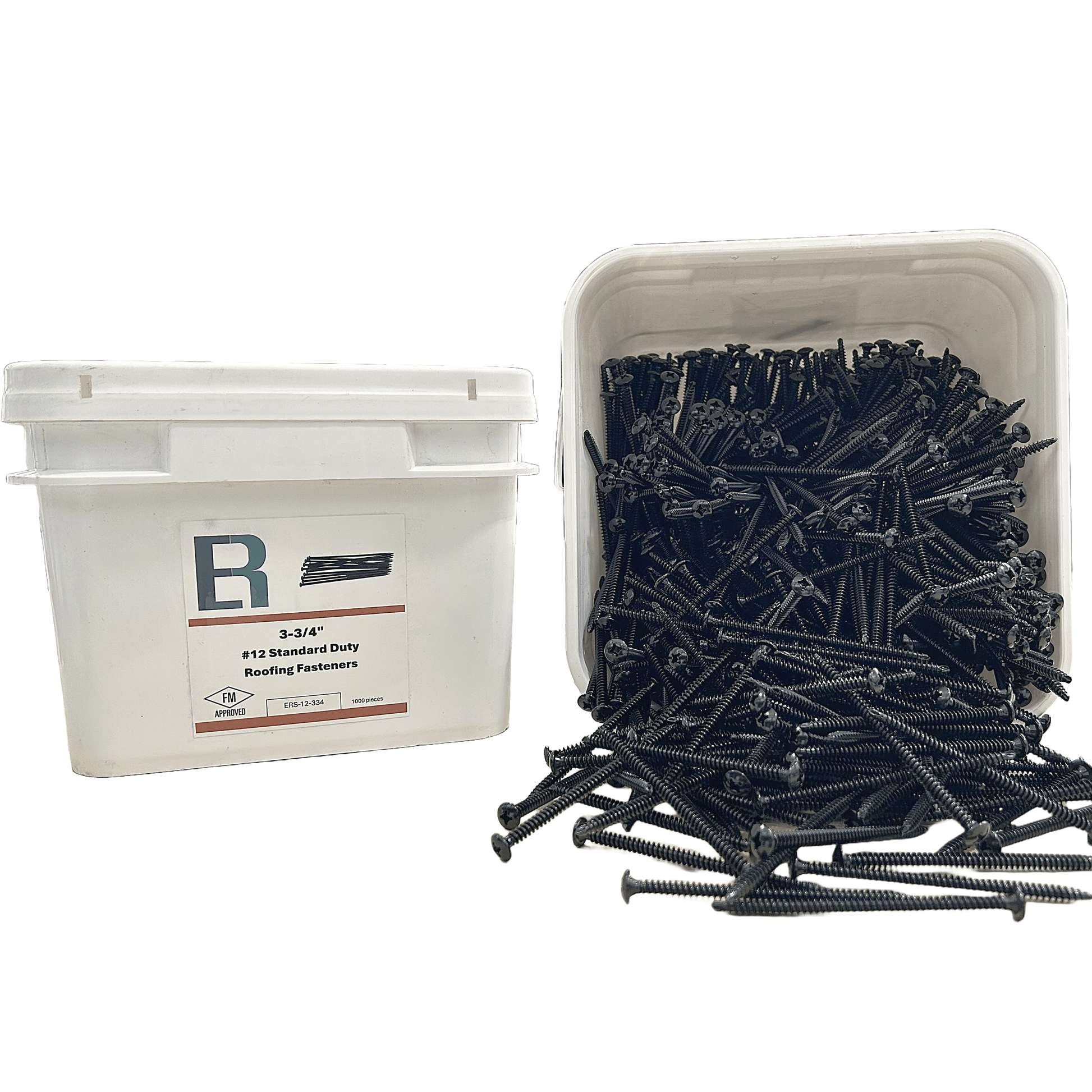 Essential #12 All-Purpose Roofing Fastener in container, FM Approved, ideal for various roofing applications.