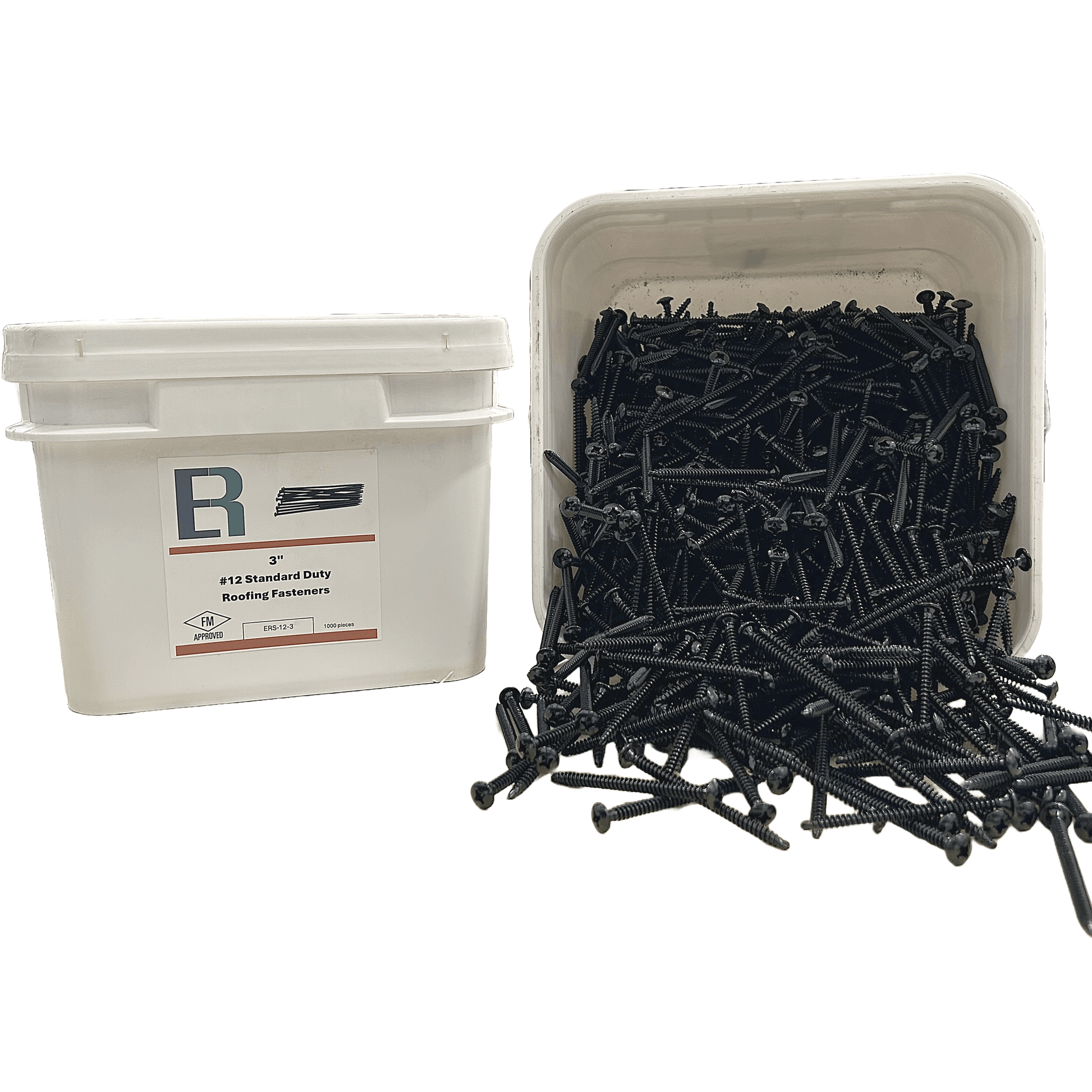 Pack of Essential #12 All-Purpose Roofing Fasteners in open container, FM Approved, ideal for versatile roofing applications.